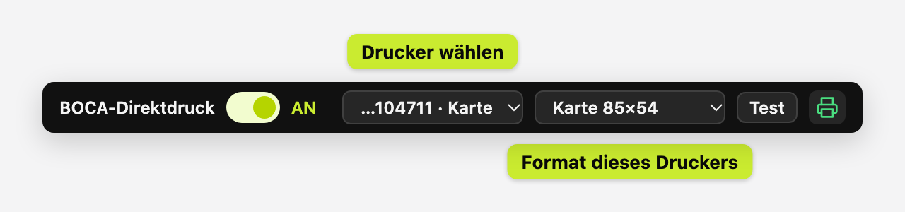 Druckerleiste mit zwei Druckern: Auswahl des Druckers und Format je Drucker