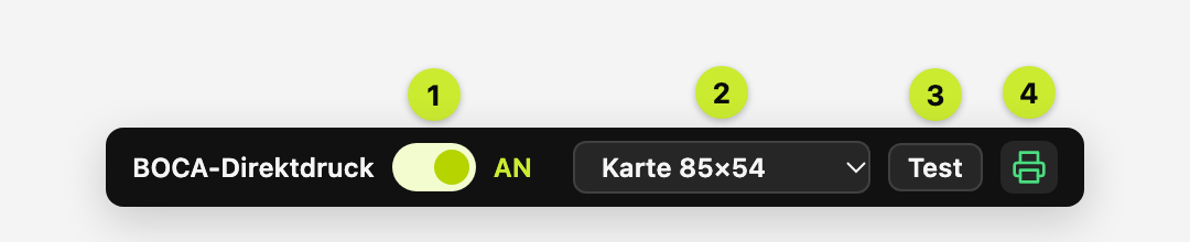 Die Druckerleiste mit Schalter (1), Format (2), Test (3) und Druckersymbol (4)
