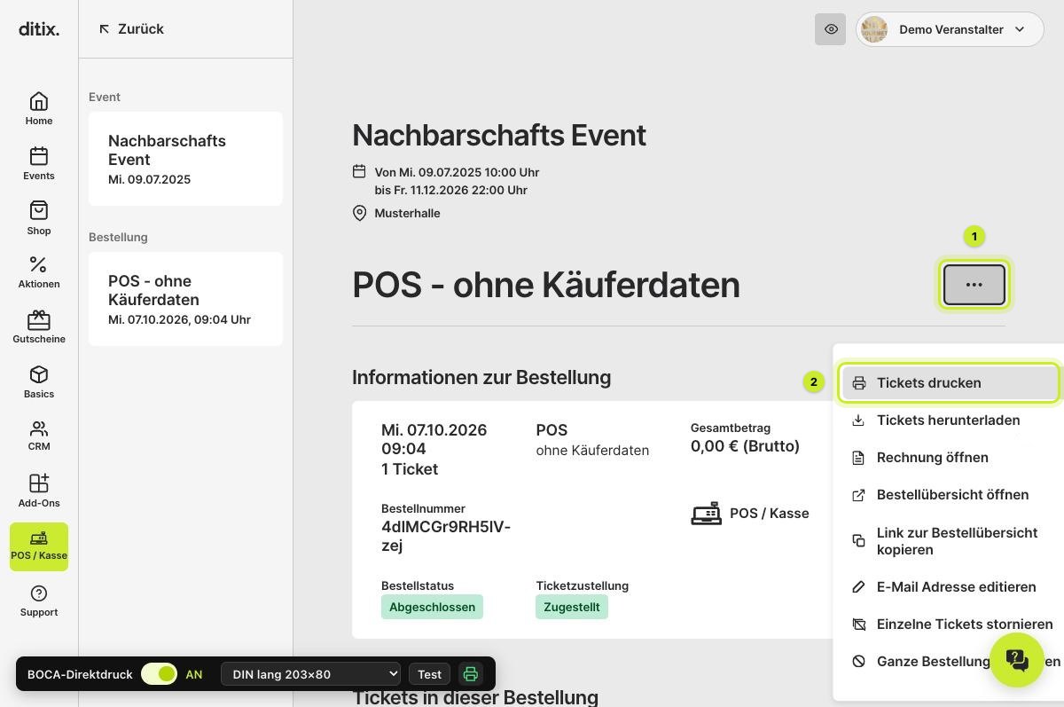 Nachdruck über „Tickets drucken“ im Menü der Bestellung