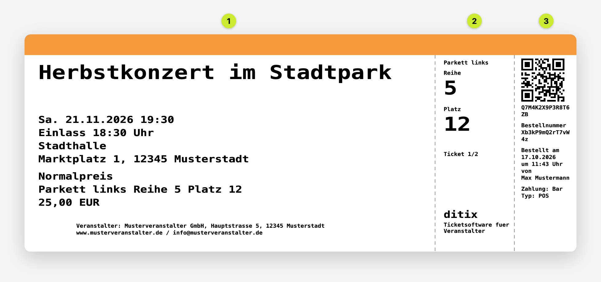 Beispiel: Ticket im Format DIN lang 203 × 80 mm mit Hauptteil (1), innerem (2) und äußerem Abriss (3)