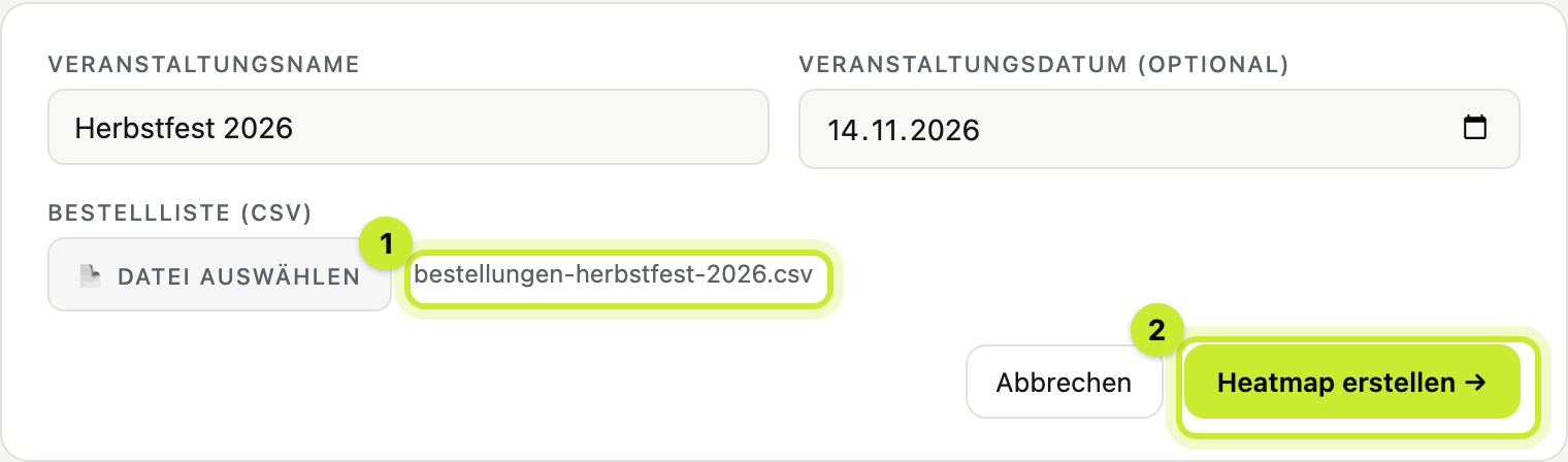 Formular mit Bestellliste (1) und dem Knopf „Heatmap erstellen“ (2)