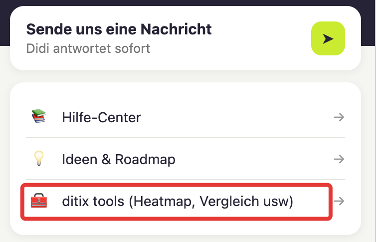 Der Eintrag „ditix tools“ im Hilfe-Widget von ditix.app