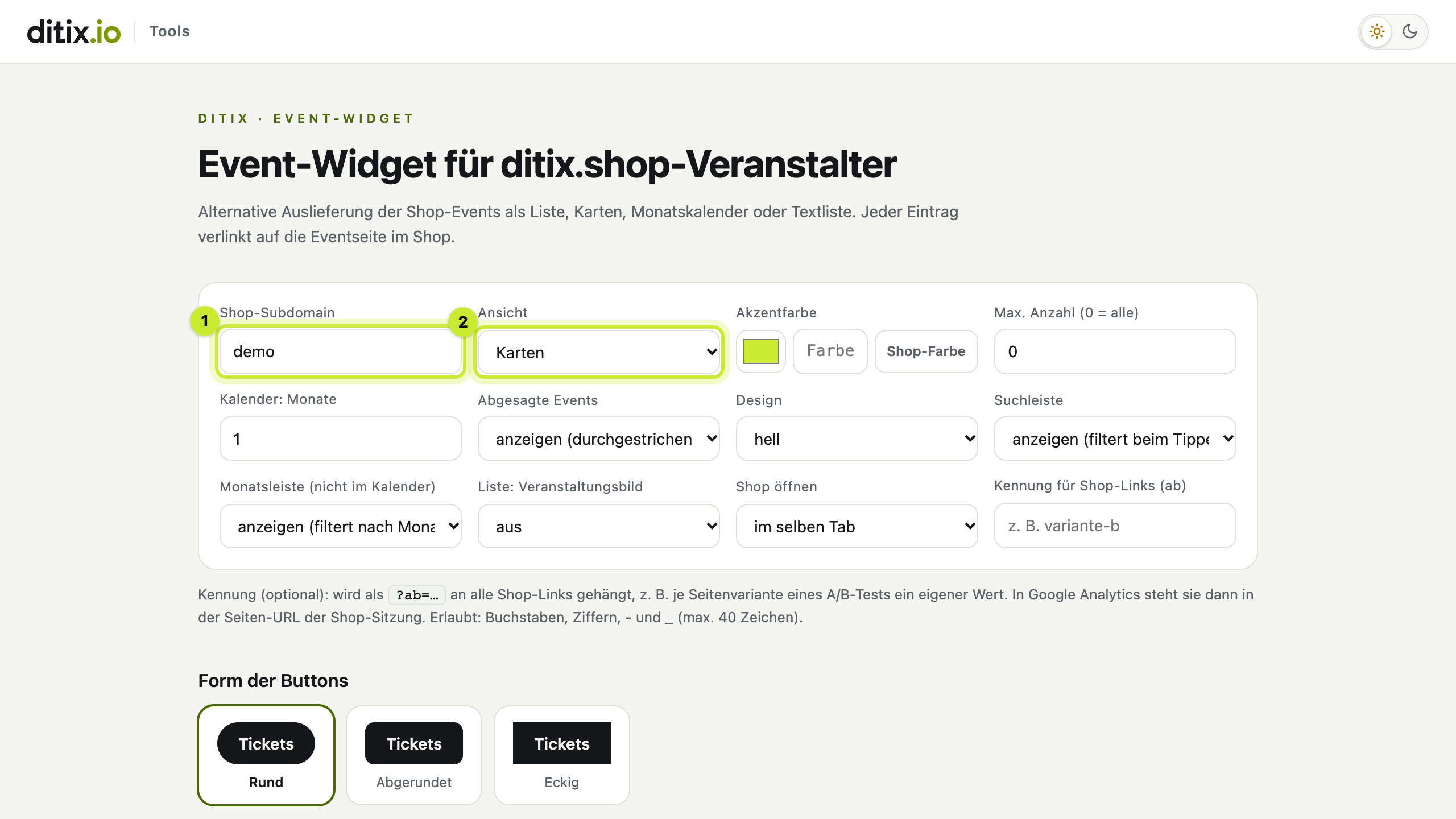 Der Konfigurator: Shop-Subdomain (1) und Ansicht (2)